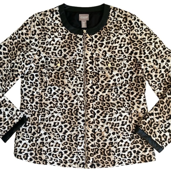 Chico’s Leopard Print Jacket Quilted Fall Jacket Lightweight Zip Up Sz 0 /Small - Picture 11 of 16